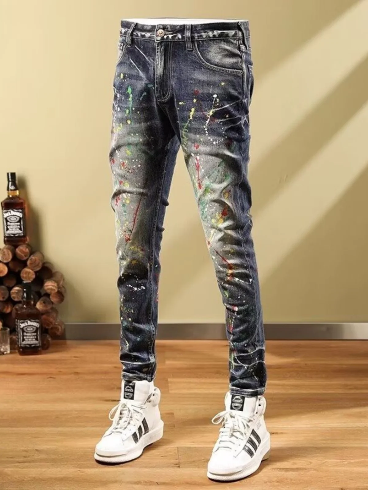

Fashionable Slim Fit Men's Jeans Casual Elastic Long Pants Vintage Splashed Ink Paint Youth Style mid Waist Zipper Fly