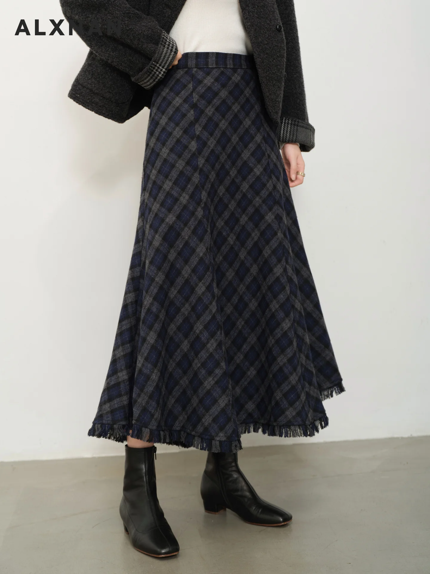 

Ele ey Plaid A-Line Midi Skirt Women's Autumn High Waist Slimming Ci Commute Casual Stand Fit Chinese Production