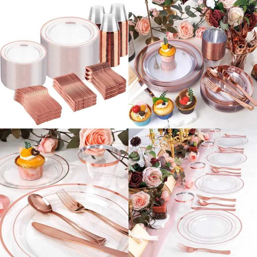 

Набор прозрачной пластиковой посуды розового золота — 600 шт. одноразовых, в комплект входит 100 обеденных тарелок, 100 десертных тарелок, 100 ножей, 100