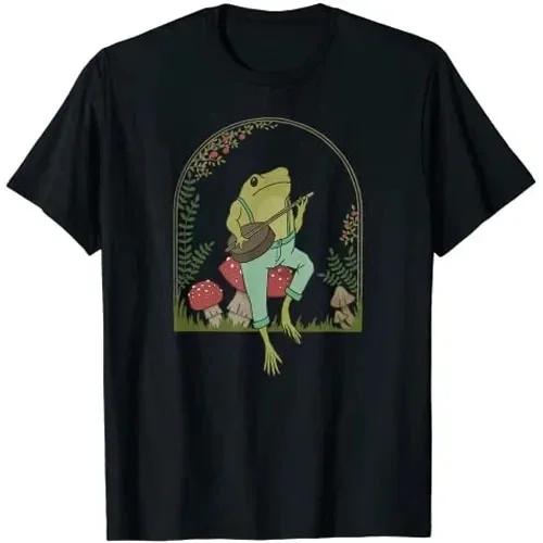 

Cottagecore Aesthetic Frog Playing Banjo on Mushroom Cute T-Shirt Funny Grunge Style Graphic Tee Top Short Sleeve Women Clothing