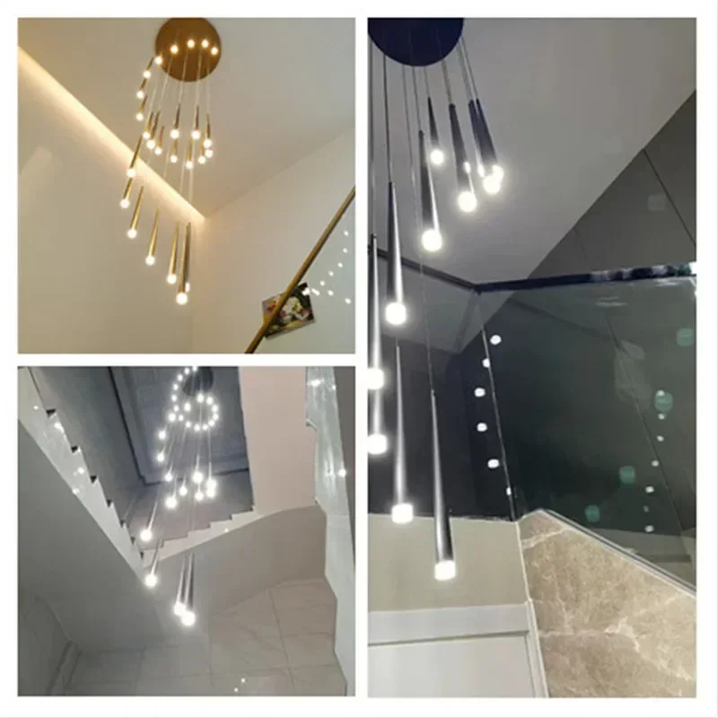 Stair Chandelier Modern Duplex Building Living Room Pendant Lamp Home Decor Nordic Restaurant Loft Black Long LED Hanging Lights