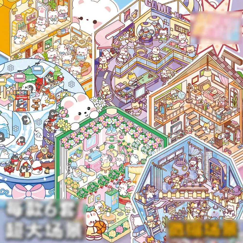 

Kawaii PET Miniature Scene Collection Cartoon Visual Stacking 3D Pocket Cabin Scene Stickers DIY 3D Landscape Sticker Book