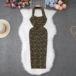 YuooMuoo kobiety ubierają marka moda geometryczne dzianiny Y2K Halter Bodycon letnia sukienka seksowna kopertowa biodra Halter Mini Party Vestidos