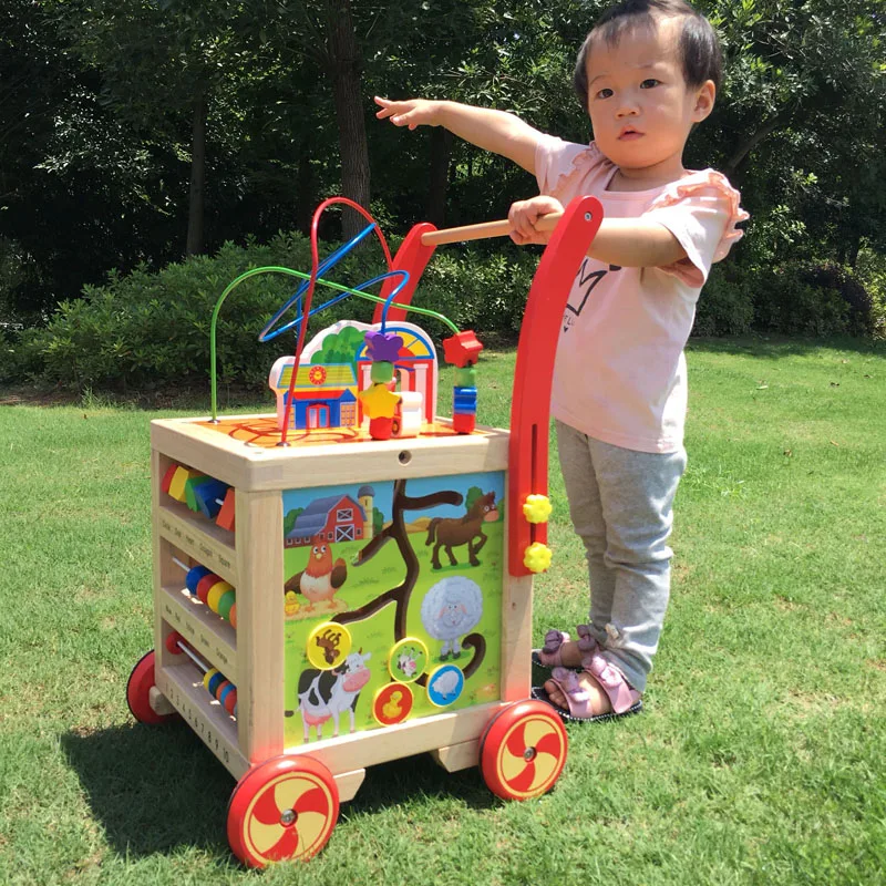 

7-24 Months Baby Walking Trolley Multi-function Walker for Baby Adjustable Speed Anti-rollover Wooden Toy Car Educational Toy