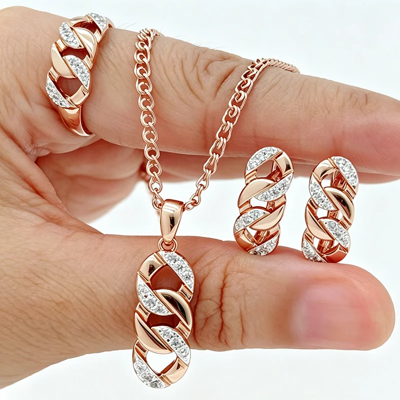 Kinel Hot 585 Roségold-Farbene Modische Braut-Ring-Ohrringe-Halskette Set mit Hohlmuster und Natürlichem Zirkon, Täglicher Edler Damenschmuck