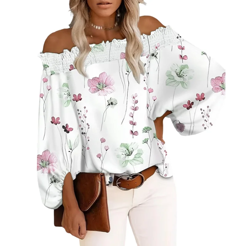 Blusa de Talla Grande para Mujer, Estampado Floral Informal, Hombros Descubiertos, Manga Larga, Moda Verano, Playera de Playa