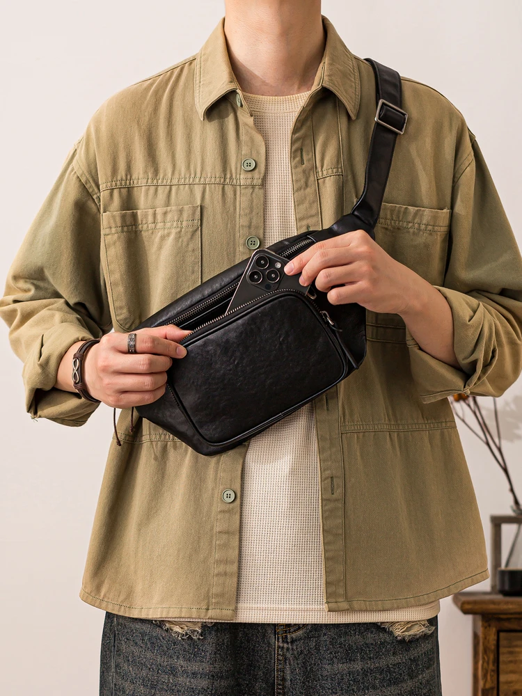 

casual handmade vegetable tanned cowhide men's black chest bag outdoor daily party genuine leather teens sports crossbody bag