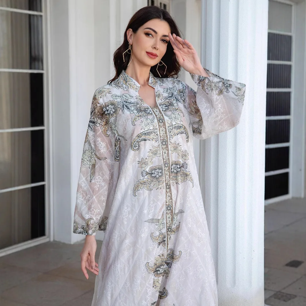 

241109 Muslim Stand Collar Women's Robe Printed with Rhinestones New Dress Abayas Robe Abaya Ramadan Dubai Luxury Islam Elegant