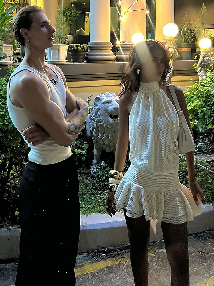 Nibber doce vestido feminino halter bandagem borla sem costas em camadas magro sem mangas ver através da festa de aniversário moda bodycon