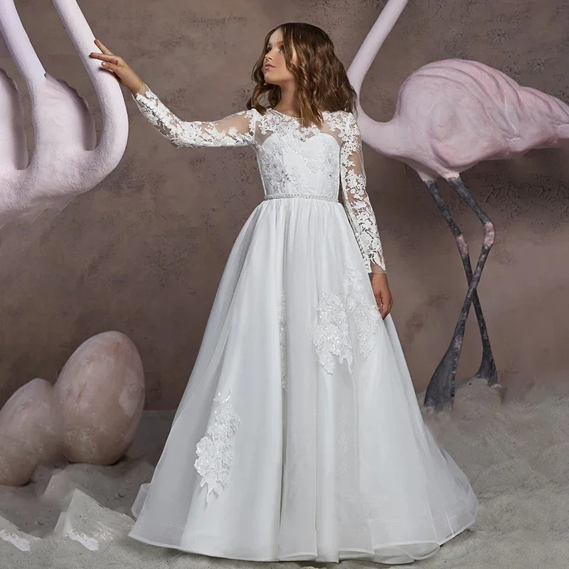

White Flower Girl Dress Bespoke Elegant Tulle Appliques A-Line Lace Formal Occasion Wedding Princess Birthday Ball Birthday Gown