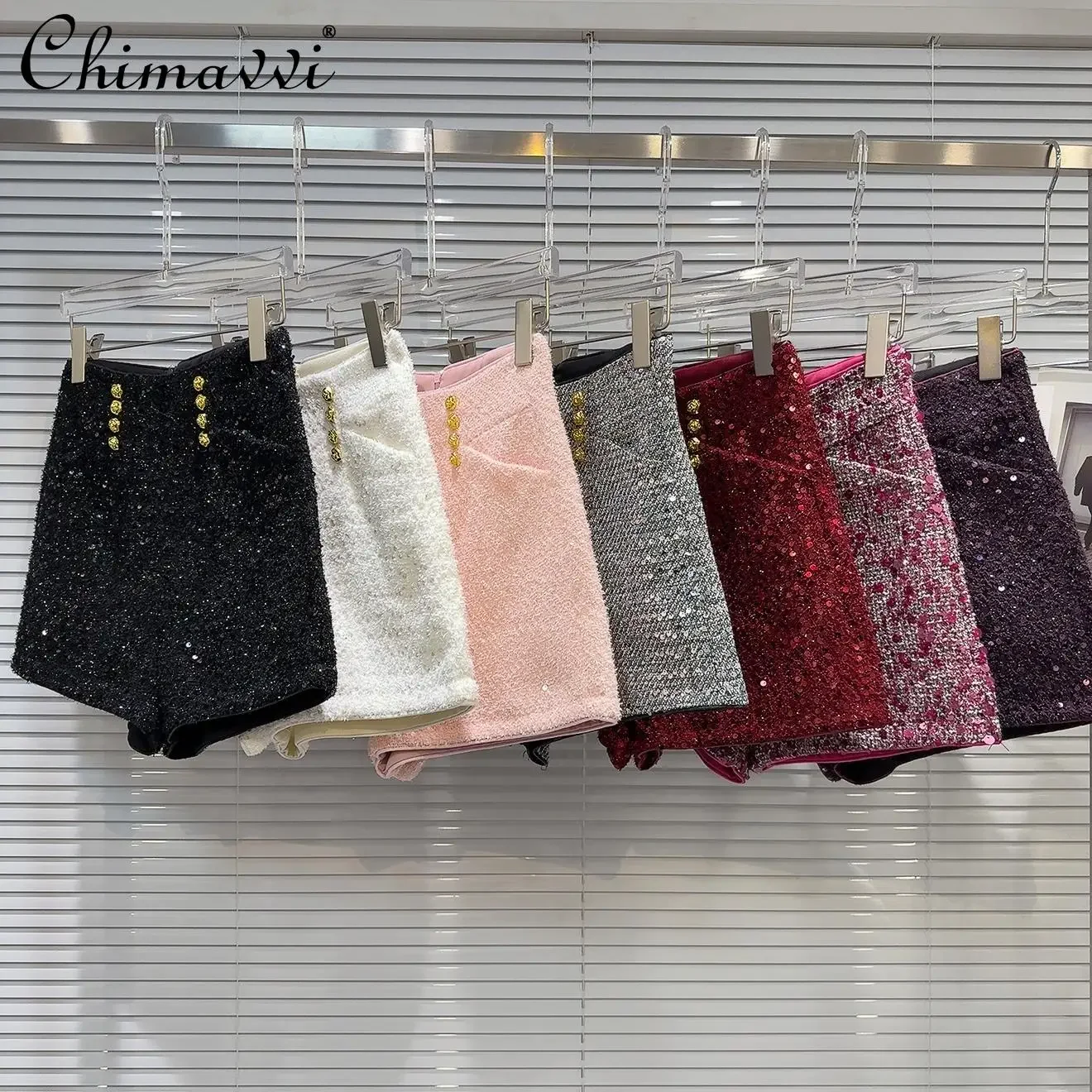 Short en tweed à double boutonnage pour femme, pantalon court élégant pour fille, bottes à trois points, métal brillant, nouvelle mode, chaud, hiver