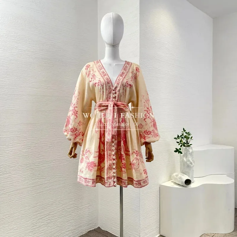 2025년 신상 플로럴 프린트 린넨 고품질 여름 핑크 V넥 긴팔 미니 드레스 (휴가용)