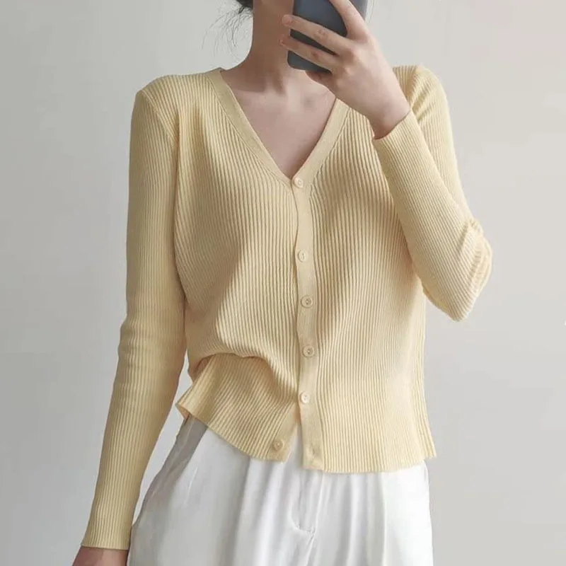 

Knitted Sweater Women Cardigans New Long Sleeve V-Neck White Knit Sweater Cardigan Women Tops Knitwears Sueters De Mujer Q1280