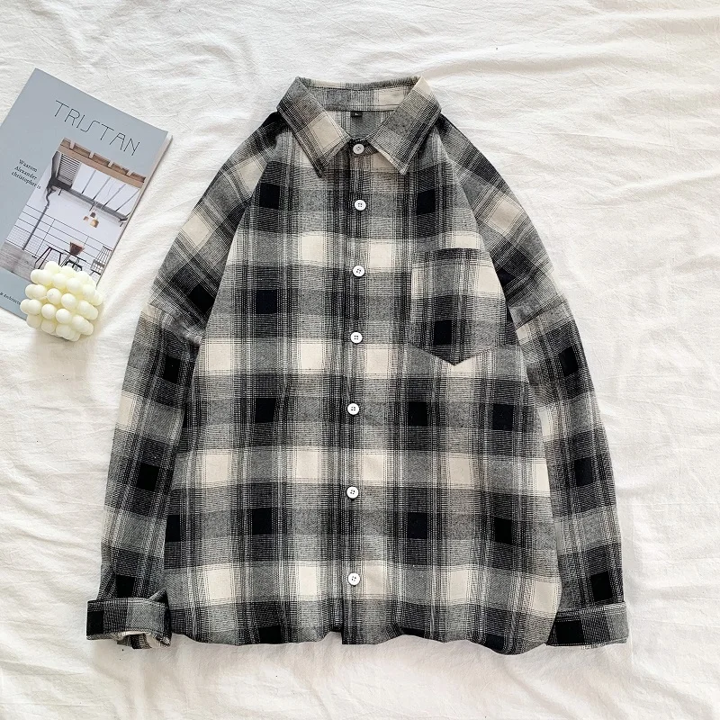 

Black White Classic Plaid Long Sleeve Loose Men's Shirt American Style Retro Versatile Spring Autumn Outerwear Coat for Men Tops