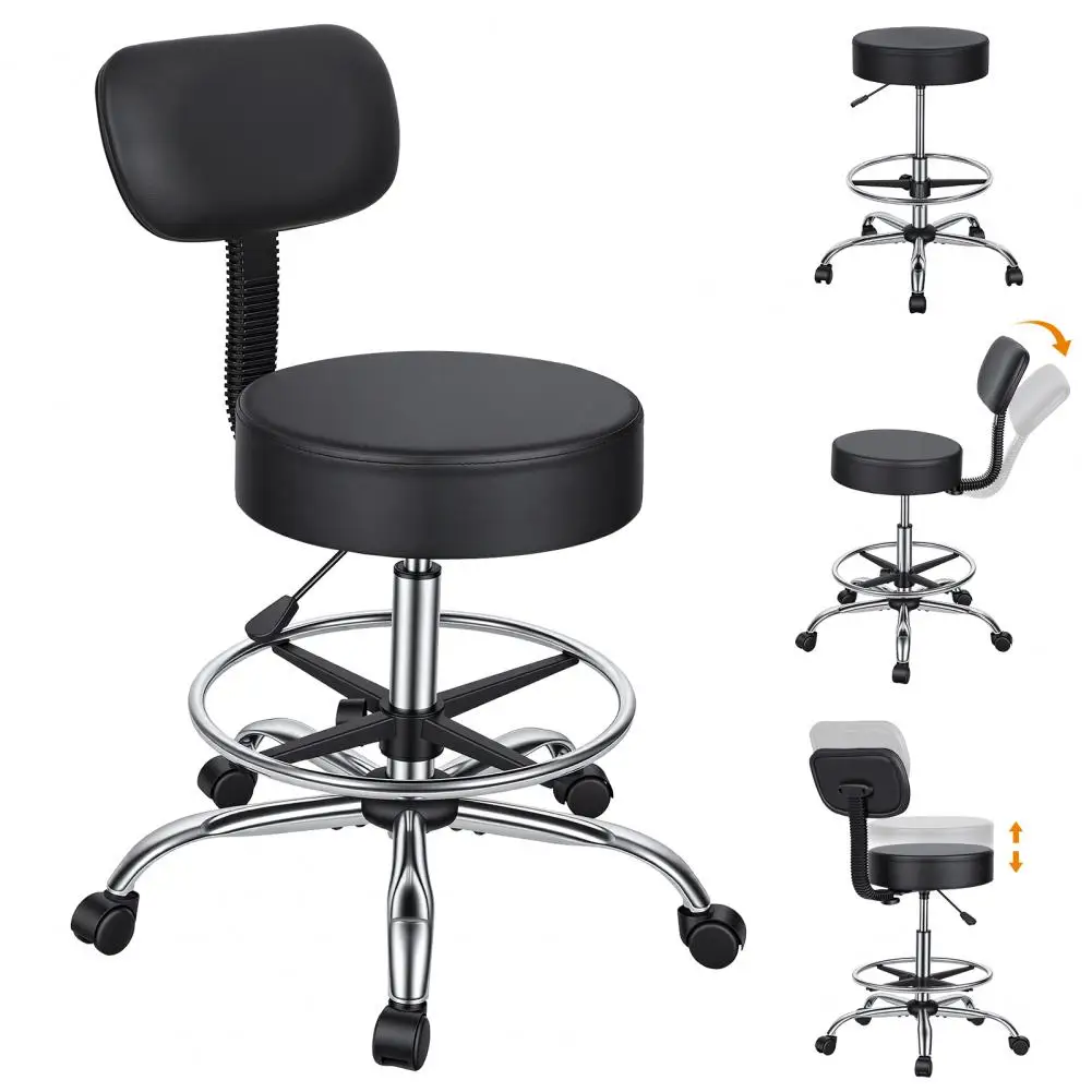 Comfortable Office Desk Stool with Backrest Swivel Faux Leather Height Adjustable Rolling Chair Foot Rest for Spa Lab Salon Home