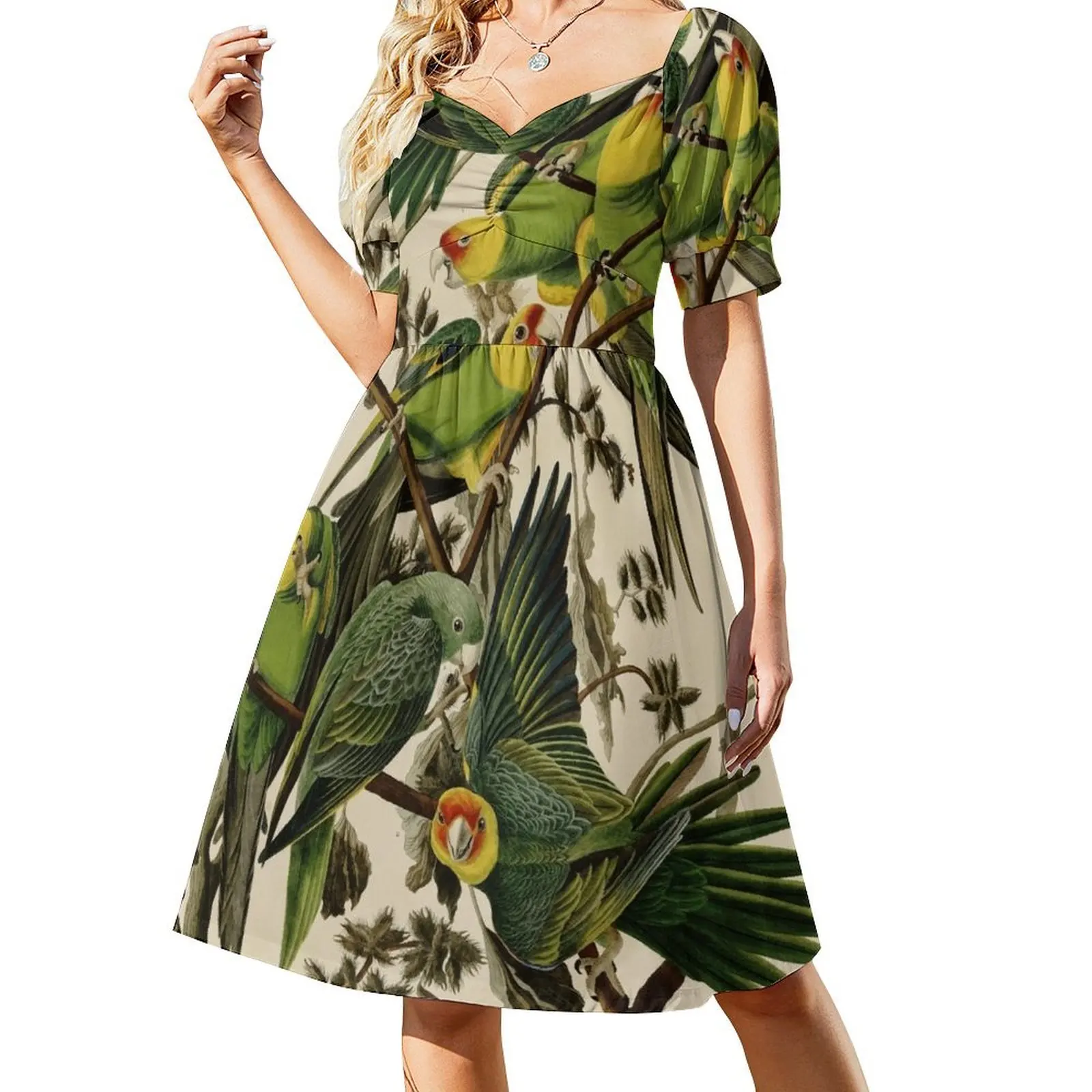 

Vintage Parrot Illustration Short Sleeved Dress prom dresses Summer dresses for women dresses korean style Dress