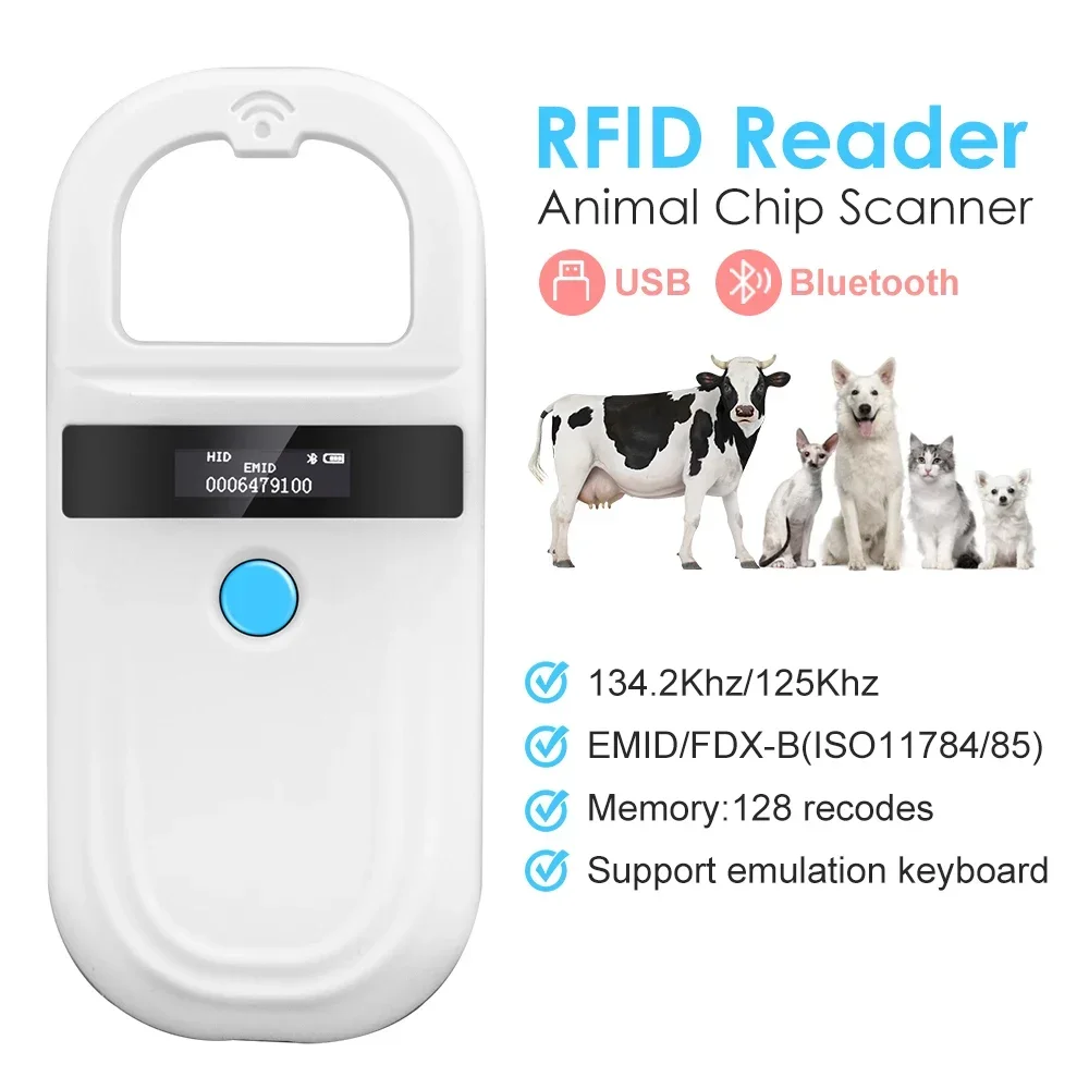 Handheld 134.2KHz 125kHz Animal RFID Reader Pet Cat Dog Microchip Scanner FDX-B Glass Chip USB/Bluetooth Tag Reader with Tags