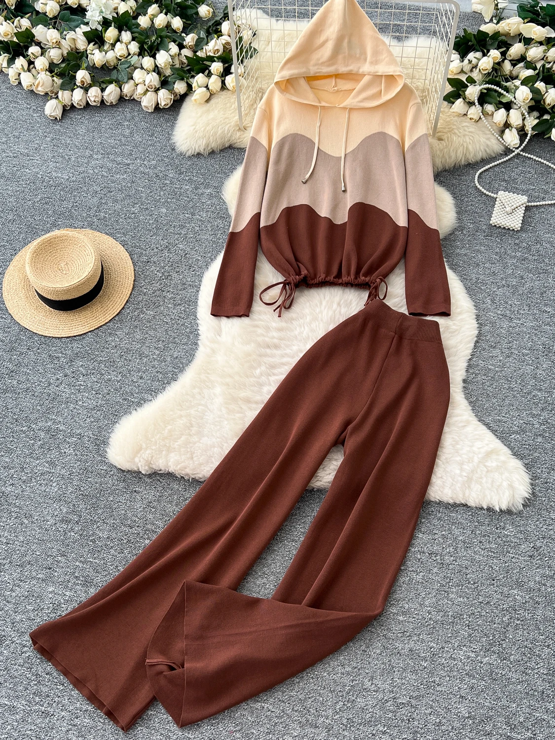 Laid-ba Sle Set maglione lavorato a maglia da donna Pantaloni larghi a gamba larga Felpa con cappuccio lunga Sve Vita alta Autunno Inverno Faion Ensemble