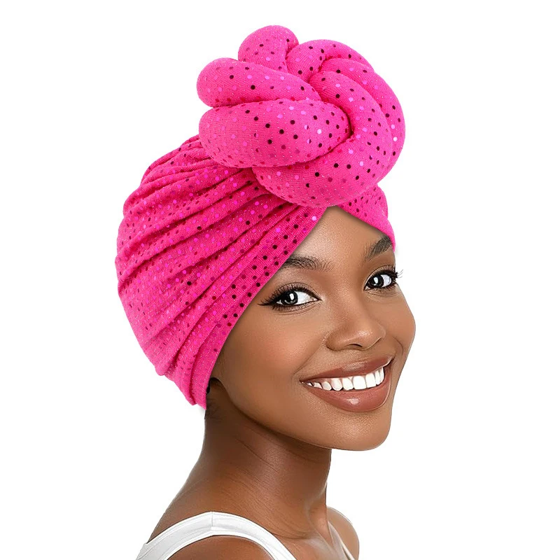 Big Knot Turban Sequin Muslim Women Headscarf Hijab Bonnet African Headties Pleated Hair Loss Chemo Cap Hat Head Wrap Turbante