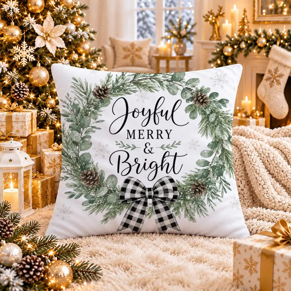 Christmas Wreath Cushion Cover Short Plush Double-Sided Print Festival Pillow Case for Living Room Sofa Home Decor