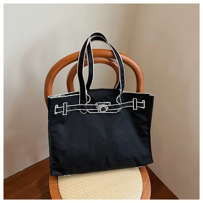 Embroidery Tote Bag for Women Large Capacity Nylon Shoulder Bag 2026 Niche Contrast Color Handbag Casual Daily Commute