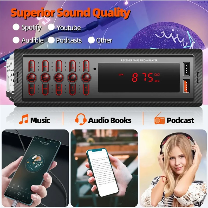 Car MP3 Player Hands-Free Calling Dual USB Wireless Bluetooth AUX Input 1099 Car Card Radio ABS Support FM Function