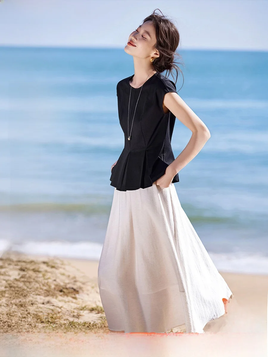 

Mehemayi Summer New Style Two-Piece Knitted T-Shirt Top And Half Skirt Set round Neck Gathered Waist Lace Trim Cotton Linen