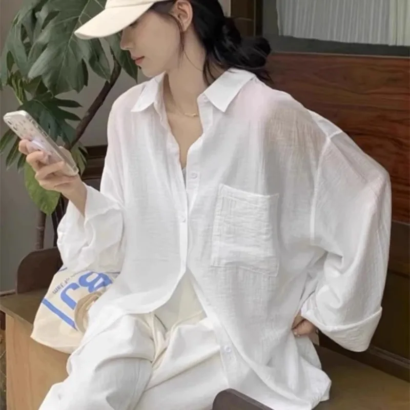 

Womens White Loose Long Sleeve Sun Protection Shirt Casual Summer Thin Blouse
