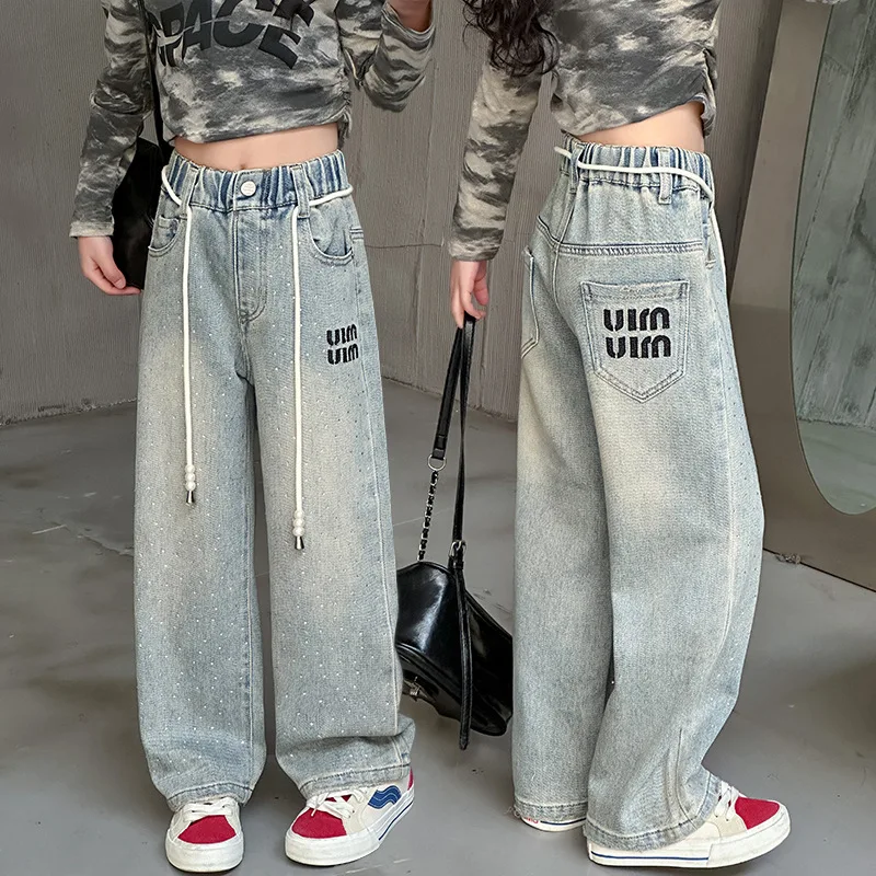 Girl's Hot Diamond Embroidered Jeans 2024 Spring Children Kids Wide Leg Pants  Korean Edition Loose Trousers for Girls 120-170cm