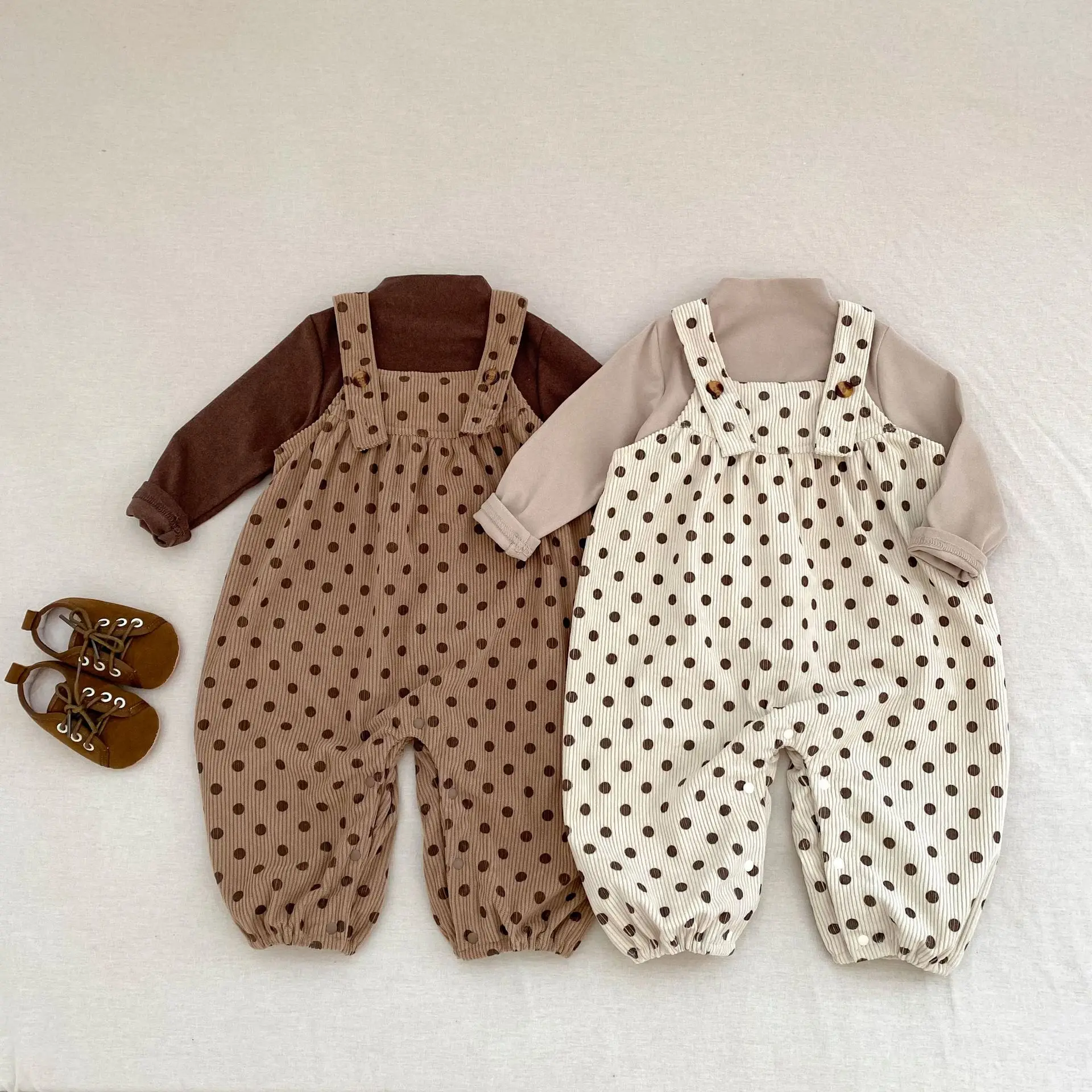 

2025 Autumn Baby Overalls with Polka Dot Corduroy Pants + Long Sleeve Top 2-Piece Outfit for Boys/Girls Cute Romper Jumpsuit