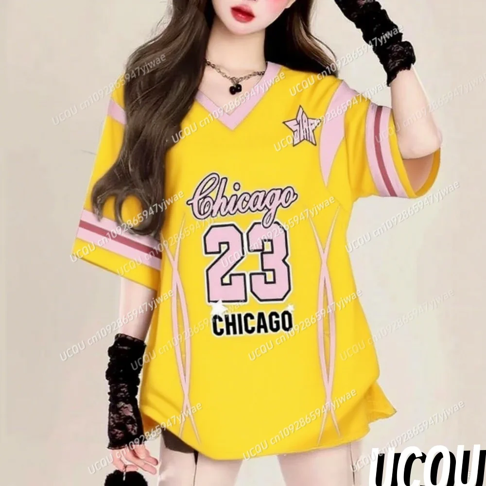 Zomer Vrouwen Nummer 23. CHICAGO Print V-hals Korte Mouw T-shirt Tee Baseball Jerseys Dagelijks Tops Vrouwelijke Tees Vrouwelijke Kleding