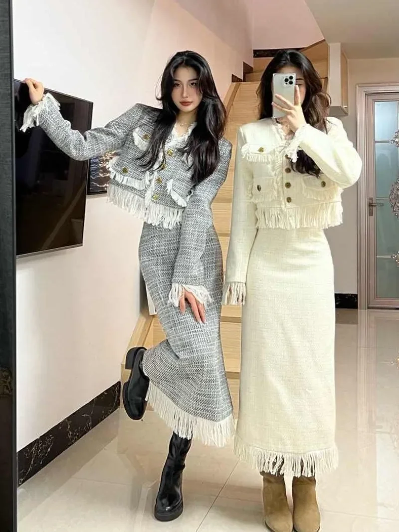 Korean Chic Two Piece Sets Cropped Tweed Jacket Coats Tassels High Waist Split Pencil Skirts Elegant Party Outfits Conjuntos