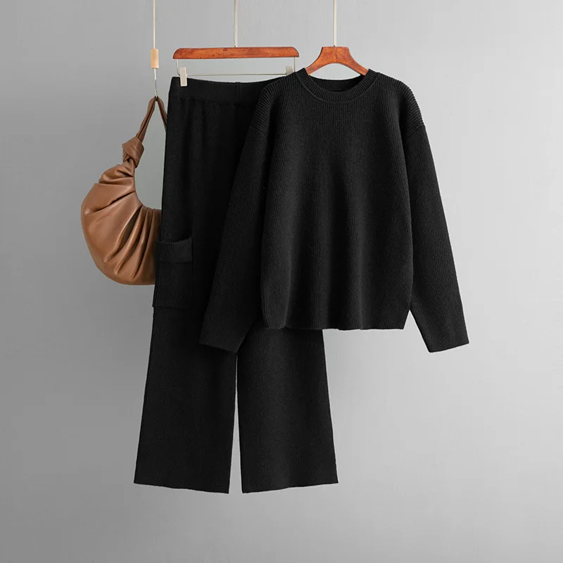 2025 Herfst Winter Nieuwe Mode Dames Losse Effen Kleur Casual Trendy 2-delige sets O-hals Truien Rechte wijde pijpen Broek