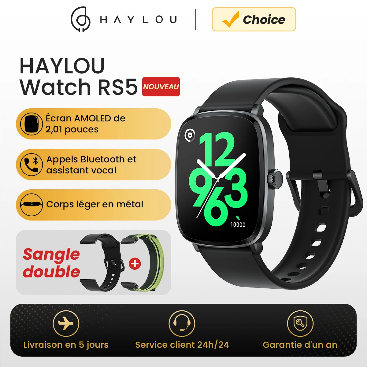 HAYLOU RS5 Montre intelligente, écran HD AMOLED, appel Bluetooth, assistant vocal sport, sucre dans le sang, double sangles, 2.01