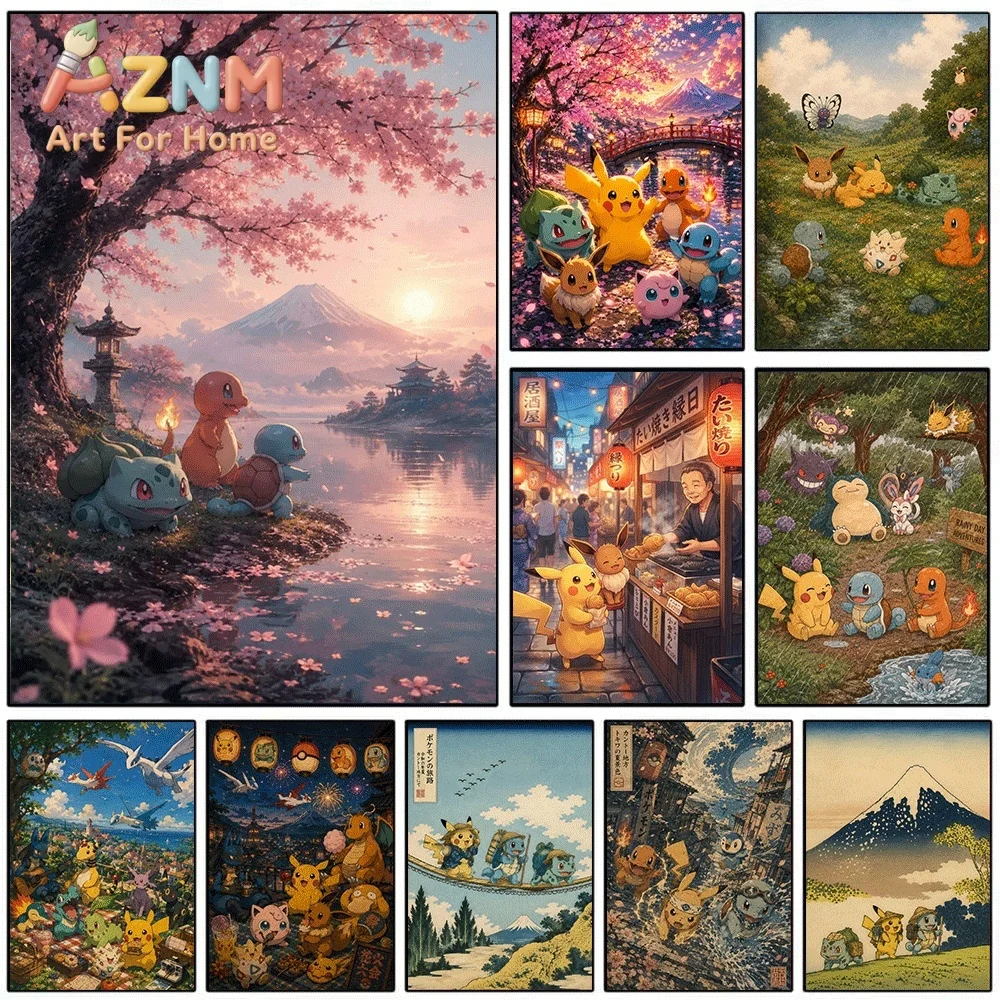 Japanese Ukiyo-e Style Pokemon Sakura Mount Fuji Canvas Wall Art No Frame Vintage Anime Creature Print Poster for Bedroom Livi