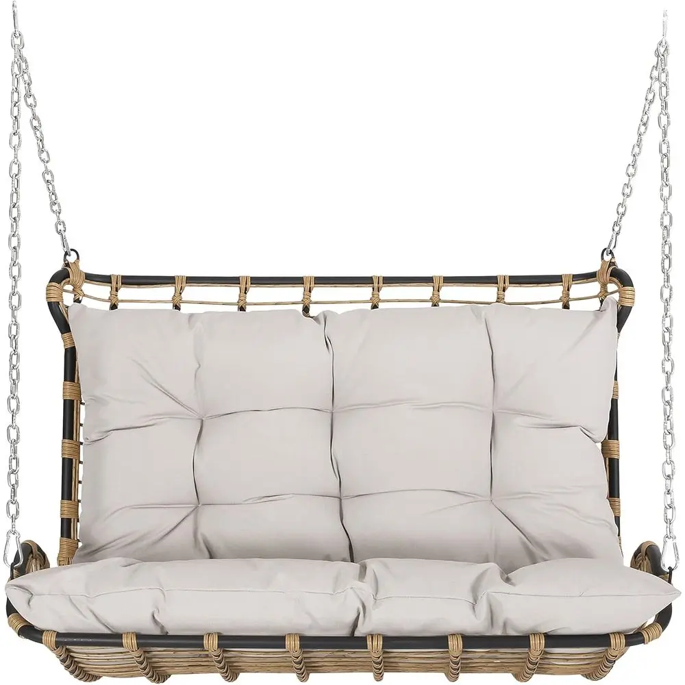 

Light Brown Wicker Outdoor Porch Swing with Beige Cushions