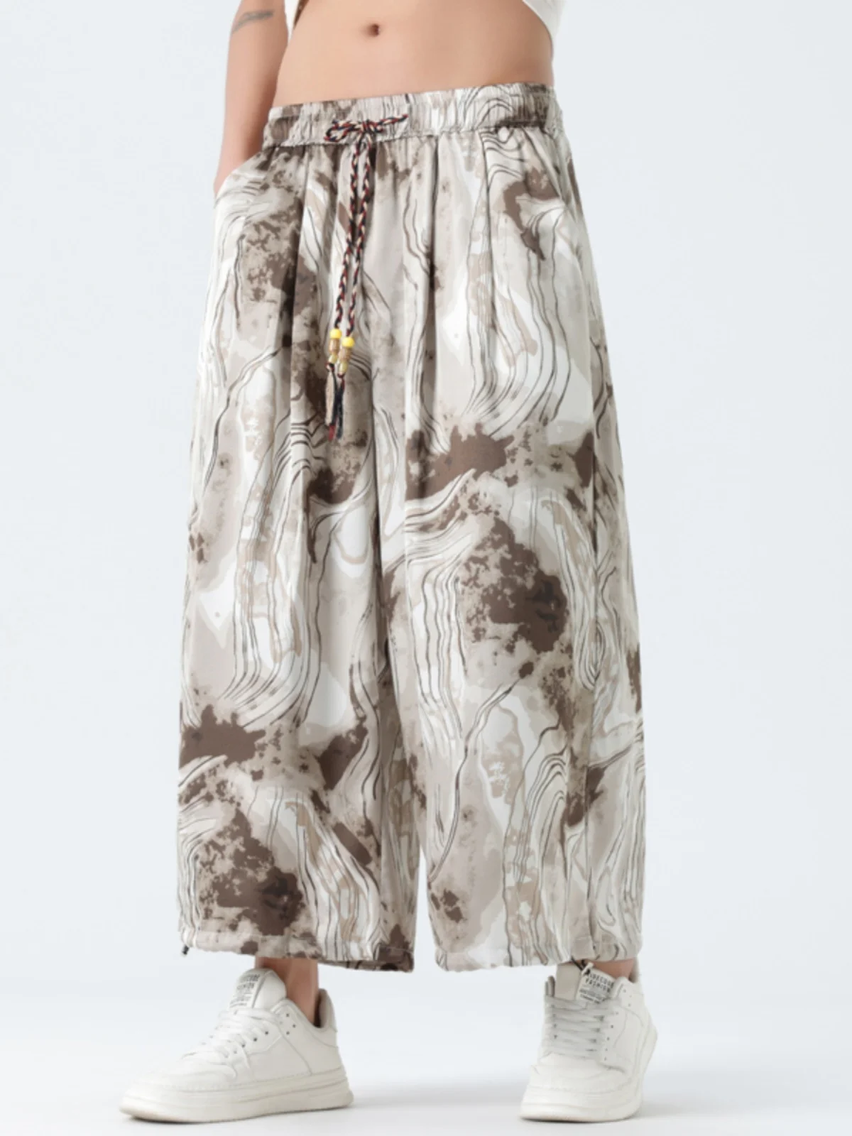 

Мужские летние тонкие повседневные брюки с широкими штанинами, укороченные, из ледяного шелка, свободного кроя, с эластичным поясом, дышащие, комфортные, молодежные