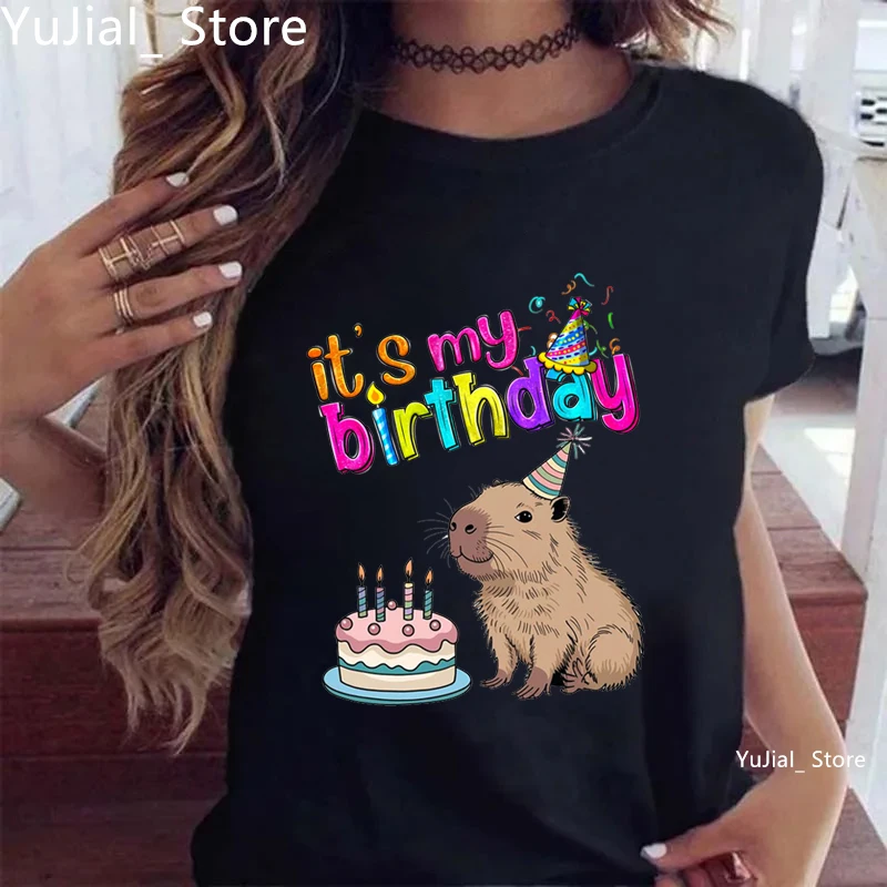 

Cute Capybara It'S My Birthday Printed Tshirt Girls Funny Birthday Party T Shirt Women Summer Fashion Solid T-Shirt Female