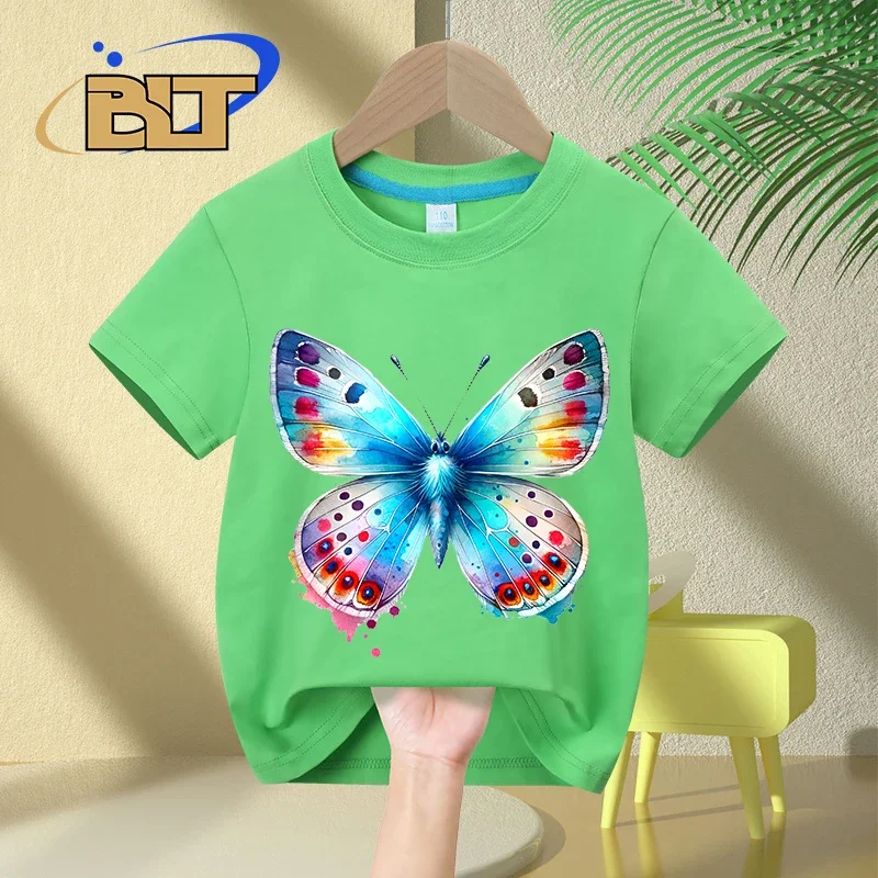 Watercolor Colorful Butterfly print kids T-shirt summer children's cotton short-sleeved casual tops for boys and girls