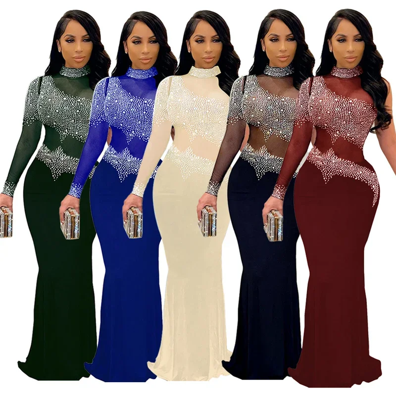 Sexy Crystal Rhinestone Bodycon Maxi Dress Women Wedding Evening One Sleeve Mesh See Through Patchwork Night Party Club Dresses