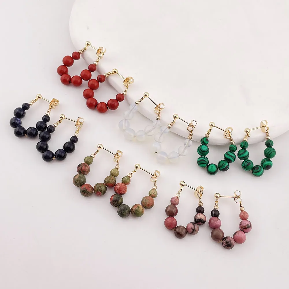 Natural Crystal Stone Earrings for Women Round Circle Loop Tassel Dangle Red Black Agates Green Aventurine Crystal Drop Earrings