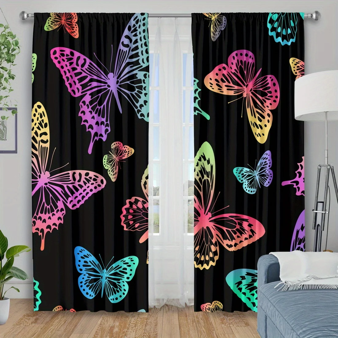 2pcs Colorful Rainbow Butterflies Print Window Curtains fBlackout Thermal Insulated Drapes for Privacy and Vibrant Home Decor
