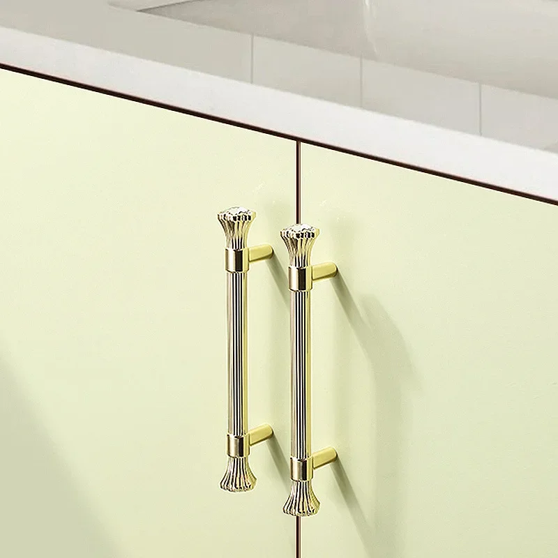 Modern Minimalist Wardrobe Door Handle, French High-end Light Luxury Cabinet Drawer Handle, Gold Inlaid Diamond Furniture Handle