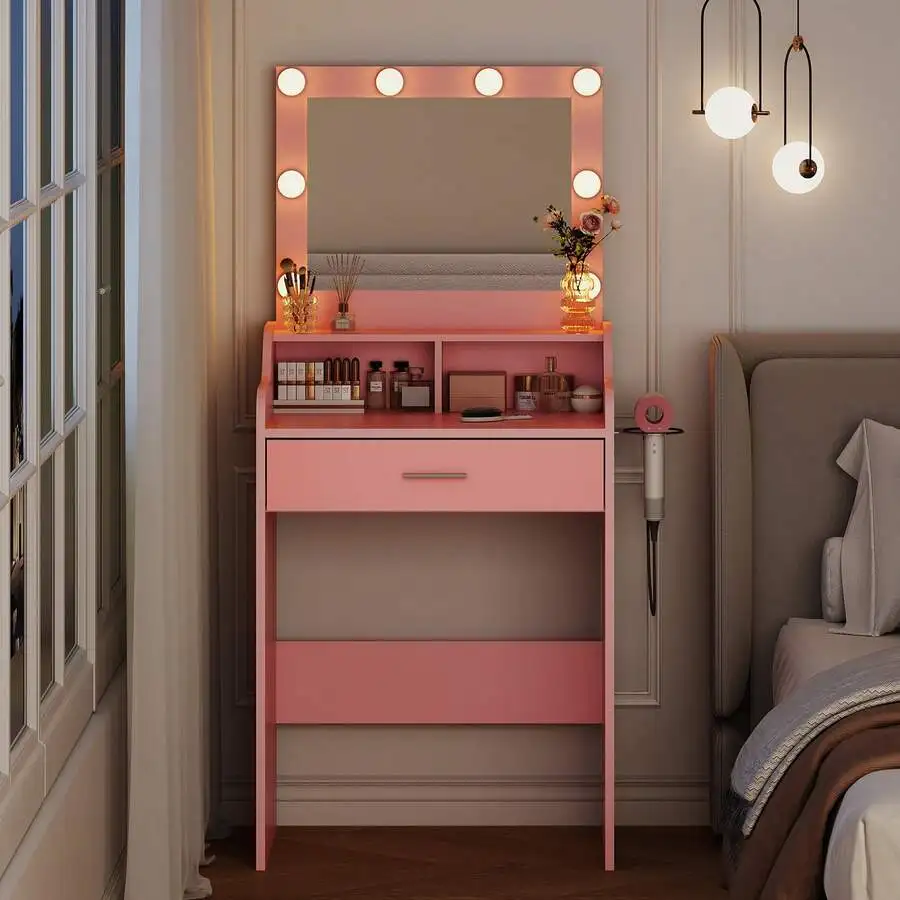WLIVE Simple Sleek Vanity Desk Small Compact Makeup Vanity For Bedroom Small Space With 3-Color Lighted Mirror Storage Drawer Ha