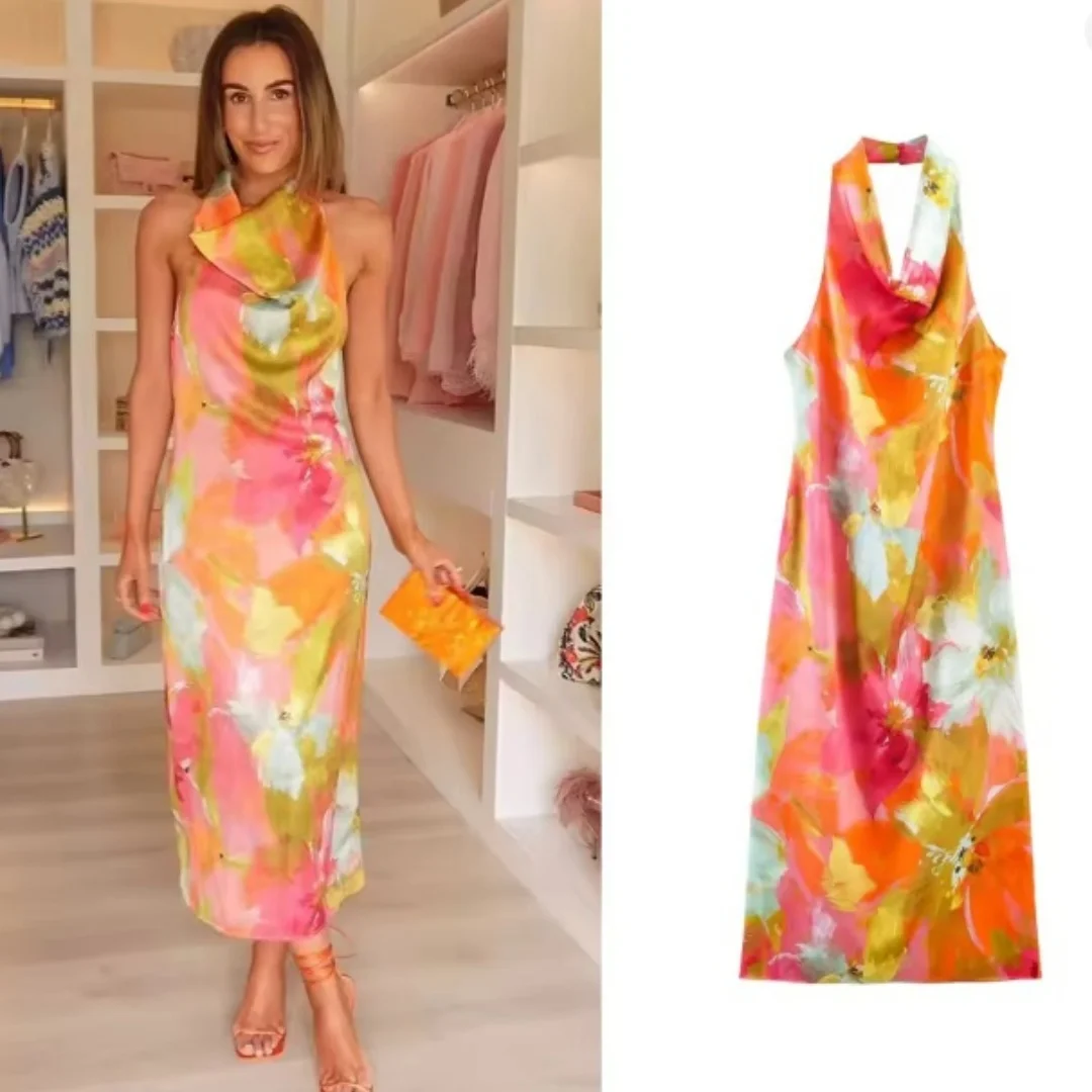 Robe pour femme 2026, nouvelle collection été, imprimée, col halter, en satin, sans manches, pour la plage et les vacances, élégante, sexy et gracieuse