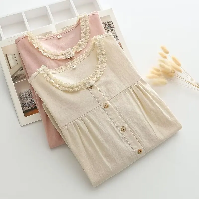 New Summer Cotton Short Sleeve Ruched Neck Solid Color Tops Mori Girl Casual Sweet Loose Retro Blouse 2024 Autumn T46441QM