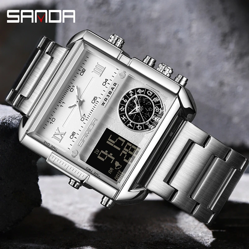 SANDA – montre à Quartz pour hommes, cadran carré, cadran électronique multifonction, double mouvement, 9008