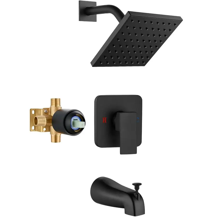 

Bathtub Shower Faucet Set, 6 Inch Square Trim Kit with Single Handle, Showerhead amp Handle Set, Male Thread, with Tub Spout,Mat