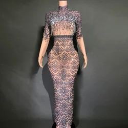 Luxurious Rhinestones Mesh Transparent Long Sleeve Dress for Women Sexy Birthday Celebrate Evening Prom Dresses