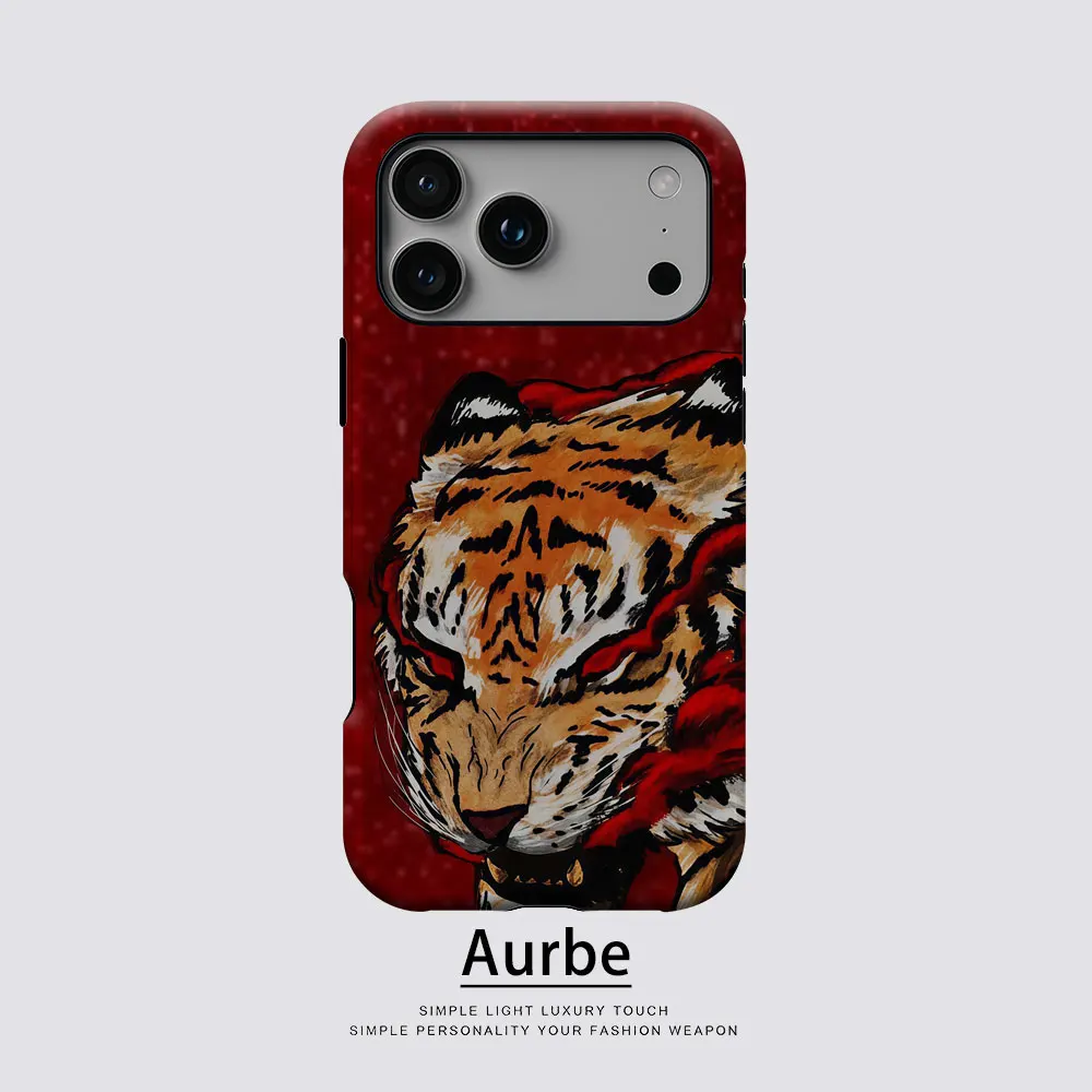 Aurbe Matte 2-in-1 Film Magsafe Hülle für iPhone 17 16 15 14 Plus 17 Pro Max Stoßfeste Hartschale Red Tiger Fury Case